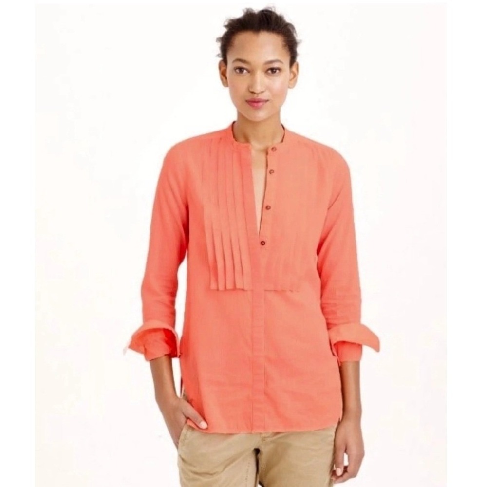 J.Crew Coral Pink Pleated Tuxedo Bib Cotton Dobby Band Collar Shirt Size 6 NWOT